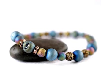 Matte Agate Druzy Bracelet, Bohemian Peacock Blue Gemstone