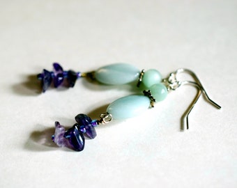 Long Amazonite & Amethyst Earrings, Amazonite Dangles, Aqua Purple Drop Earrings, Boho Hippie, Sterling Silver, Mother's Day Gift for Her