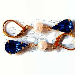 Capri Blue & Freshwater Pearl Earrings Gold, Long Earrings Pearl, Indigo Navy Bridal Wedding Jewelry image 6