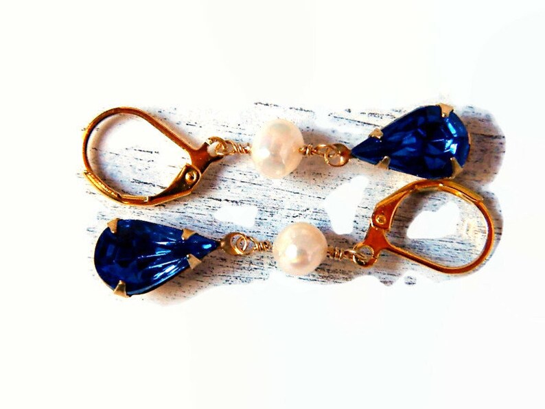 Capri Blue & Freshwater Pearl Earrings Gold, Long Earrings Pearl, Indigo Navy Bridal Wedding Jewelry image 6