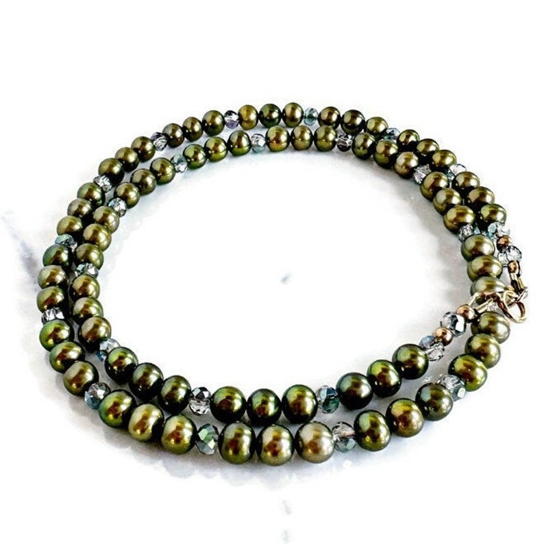 Green Pearl Necklace with Crystals, Freshwater Pearl Necklace & 14k Gold Filled, Gift for Her, Mother, Daughter image 3