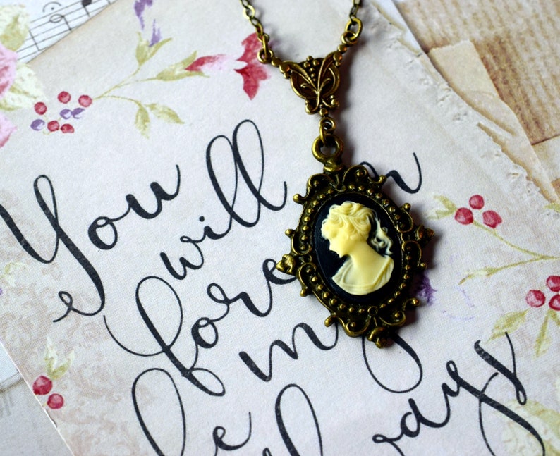 Dainty Woman Cameo Necklace, Victorian Lady Cameo Pendant, Choker, Antique Gold Brass Hypoallergenic Chain, Black Cameo Jewelry image 6