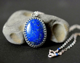 Lapis Lazuli Pendant Necklace, Indigo Blue Cabochon in Sterling Silver Mothers Day Gift