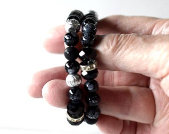 Beaded Crystal Black Stretch Bracelet, Silver Pave Rhinestones