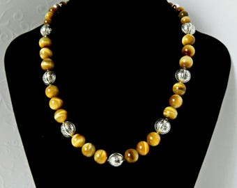 Gold Tiger's Eye Necklace, Sterling Silver Bali Beaded Natural Gemstone