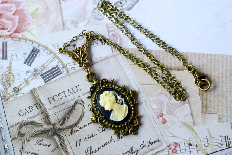 Dainty Woman Cameo Necklace, Victorian Lady Cameo Pendant, Choker, Antique Gold Brass Hypoallergenic Chain, Black Cameo Jewelry image 7