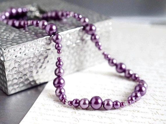 Purple Pearl Necklace Set, Bridesmaid Wedding Pearl Jewelry