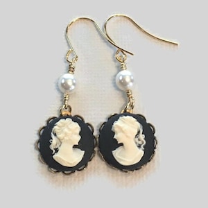 Victorian Pearl & Cameo Earrings, Black Cameo Drop Earrings, Round Cameo Pearl Earrings, Gold Cameo Jewelry, Birthday Gift