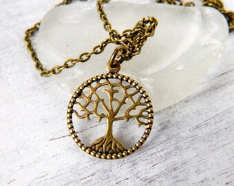 Family Tree Necklace, Tree of Life Pendant Choker, Antique Gold Charm Necklace, Birthday Gift under 20, Gift for Mothers