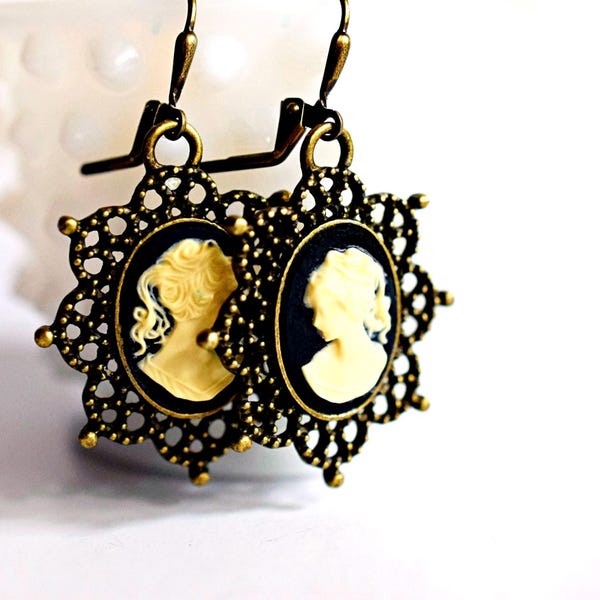 Cameo Earrings, Black & Ivory Victorian Lady Dangles, Gold Brass Filigree
