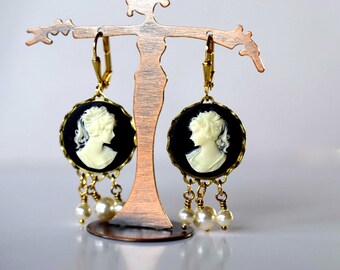 Gold Black Cameo Earrings Triple Pearls Bottom Dangles Vintage Style Jewelry