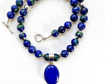 Lapis Lazuli Beaded Necklace, Sterling Silver Oval Pendant Birthstone Necklace Bold Statement