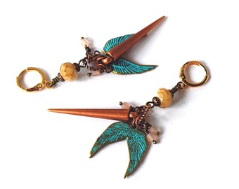 Long Dagger Patina Teal Wing Dangle Earrings, Bohemian Mix Metals Hoop Charm Drops