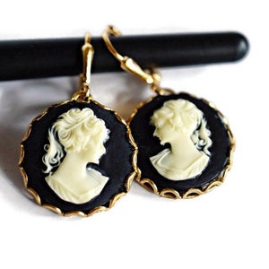 Round Gold Cameo Earrings - Jane Austin Art Deco Cameo Jewelry Birthday Gift
