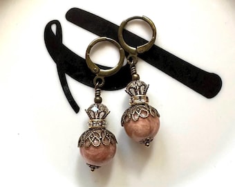 Pink Moonstone Earrings, Vintage Style Antique Gold Brass, MsBsDesigns Handmade Personalized Gift