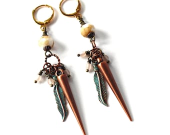 Bohemian Patina Feather Earrings, Long Hippie Gypsy Copper Spike Dangles
