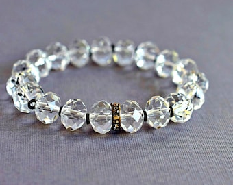 Totally Transparent Crystal Beaded Stretch Bracelet, Handmade Clear Jewelry