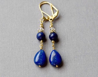 Long Gold Lapis Lazuli Earrings, Natural Stone Teardrops with Clear Crystals, Handmade Jewelry, Gift for Her