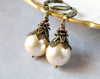 Victorian Ivory Pearl Drop Earrings – Antique Gold Bridal Jewelry Gift for Her