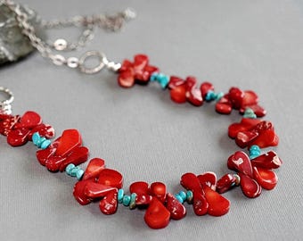 Handmade Turquoise & Red Coral Necklace, Bohemian Statement Jewelry