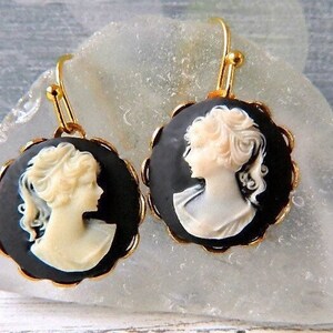 Victorian Lady Cameo Black Earrings,  Gold Lever Backs, Black Cameo Earrings, Round Cameo Drop Earrings, Downton Abbey Cameo Jewelry