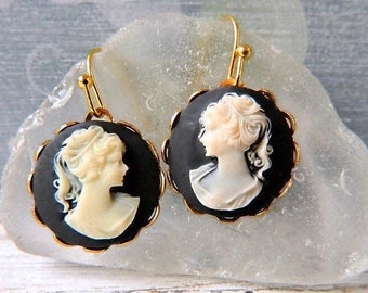 Victorian Lady Cameo Black Earrings,  Gold Lever Backs, Black Cameo Earrings, Round Cameo Drop Earrings, Downton Abbey Cameo Jewelry