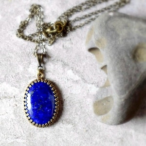 Oval Lapis Lazuli Pendant Necklace, Antique Gold Crown Bezel, Dark Blue Gemstone, Hypoallergenic Chain image 1
