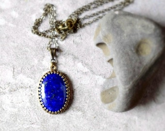 Oval Lapis Lazuli Pendant Necklace, Antique Gold Crown Bezel, Dark Blue Gemstone, Hypoallergenic Chain
