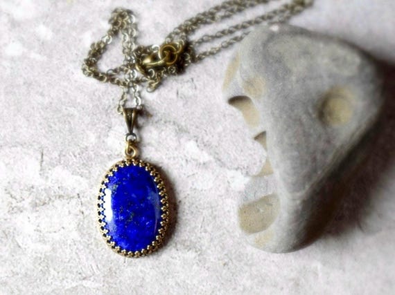 Oval Lapis Lazuli Pendant Necklace, Antique Gold Crown Bezel, Dark Blue Gemstone, Hypoallergenic Chain