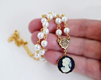 Cameo and Simulated Pearl Framed Darian Pendant Necklace 