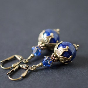Victorian Lapis Earrings - Antique Gold Brass - Dark Blue Crystal - Birthday Gift for Women
