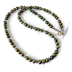 Green Pearl Necklace with Crystals, Freshwater Pearl Necklace & 14k Gold Filled, Gift for Her, Mother, Daughter image 2