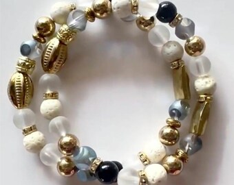 Crystal Gold Stretch Bracelet, White, Clear & Black Beads Statement Jewelry
