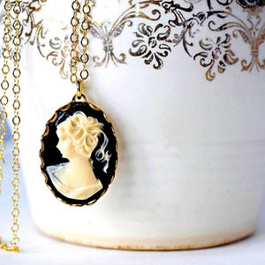 Victorian Cameo Choker Necklace: Romantic Lady Pendant, Gold & Black
