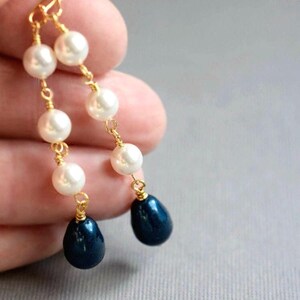 Long String Pearl Dangle Earrings White & Navy Teardrop Bridal Jewelry
