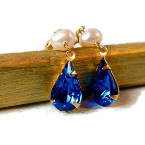 Capri Blue & Freshwater Pearl Earrings Gold, Long Earrings Pearl, Indigo Navy Bridal Wedding Jewelry image 4