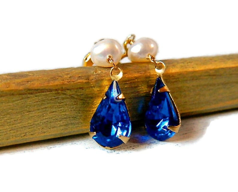 Capri Blue & Freshwater Pearl Earrings Gold, Long Earrings Pearl, Indigo Navy Bridal Wedding Jewelry image 4