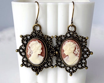 Carnelian Cameo Earrings, Antique Gold Filigree Dangles, Victorian Lady Cameo Drops, Cameo for Women, Cameo Jewelry Birthday Gift for Her