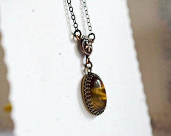 Tiger's Eye Stone Necklace Pendant - Minimalist Bohemian - Small Oval - Antique Brass