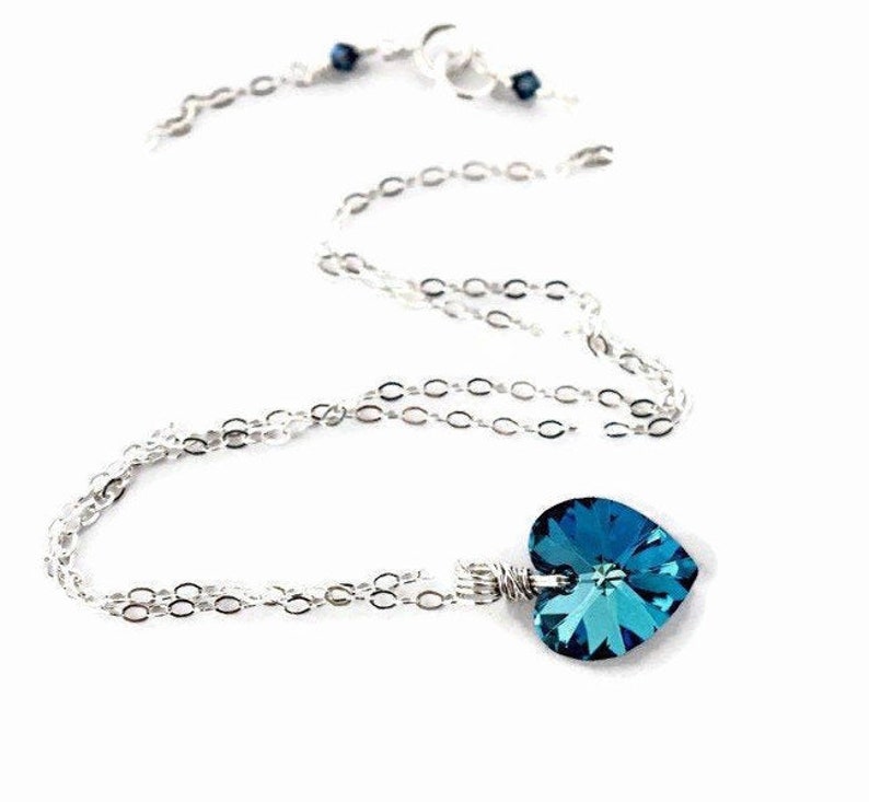 Teal Prism Crystal Heart Necklace Sterling Silver Wrapped Bermuda Blue Heart Pendant image 3