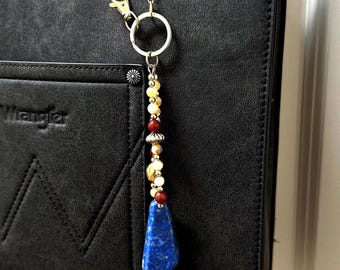 Lapis Stone Beaded Purse Charm, Carnelian Citrine Gold Beads