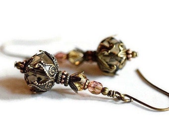 Pink & Olive Green Crystal Earrings, Green Earrings, Moss Green Dangles, Antique Gold Brass, Jane Austen Style, Handmade Jewelry