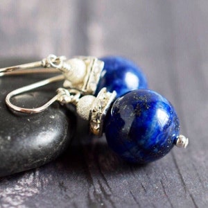 Starburst Lapis Earrings in Sterling Silver Statement Indigo Lapis Lazuli Gemstone Dangles, Birthday Gift