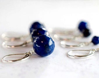 Lapis Lazuli Earrings, Sterling Silver Leverback, Dark Blue Gemstone Jewelry