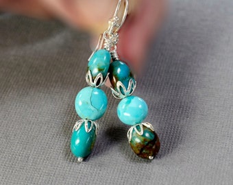 Sterling Silver, Kingman Turquoise Dangle Earrings, Handmade Jewelry by MsBsDesigns Gift for Her