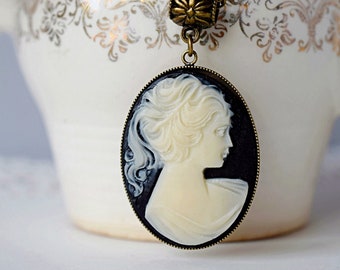 Large Lady Cameo Necklace - Black Cameo Pendant - Victorian Downton Abbey Cameo Jewelry - Antique Gold Hypoallergenic Chain Custom Length