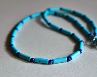 Lapis & Turquoise Necklace, Turquoise Barrel Stone,  20 Inch Long, Mens or Women Beaded Necklace, Gemstone Jewelry