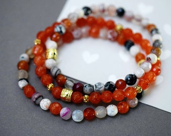 Brightly Colorful Agate Bracelet,  Strikingly Flamboyant Stretch Bracelet Set of 3 Beaded Bracelets, White, Orange & Black, Gifts For Her