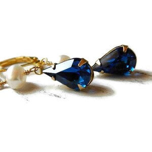 Capri Blue & Freshwater Pearl Earrings Gold, Long Earrings Pearl, Indigo Navy Bridal Wedding Jewelry image 7