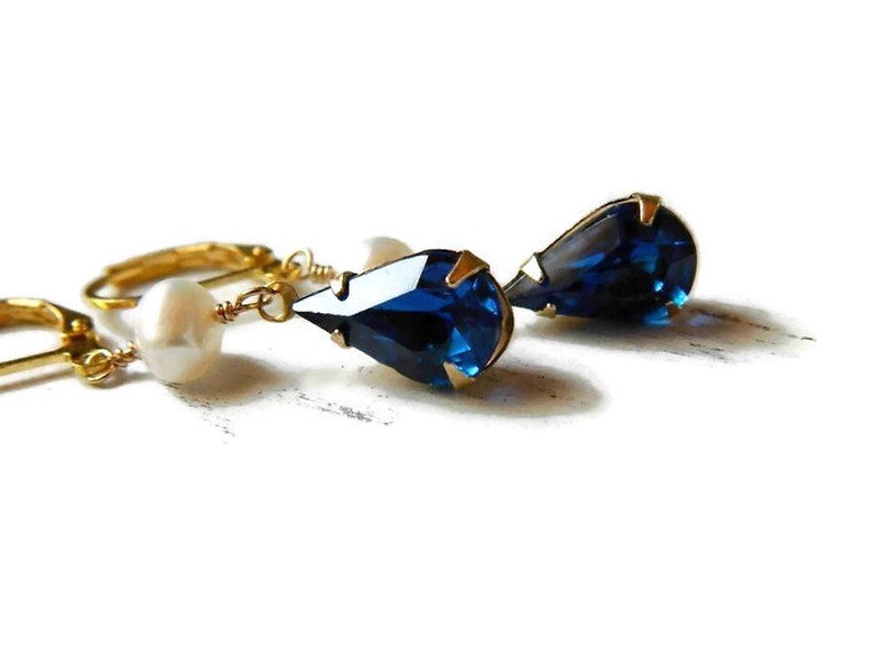 Capri Blue & Freshwater Pearl Earrings Gold, Long Earrings Pearl, Indigo Navy Bridal Wedding Jewelry image 7